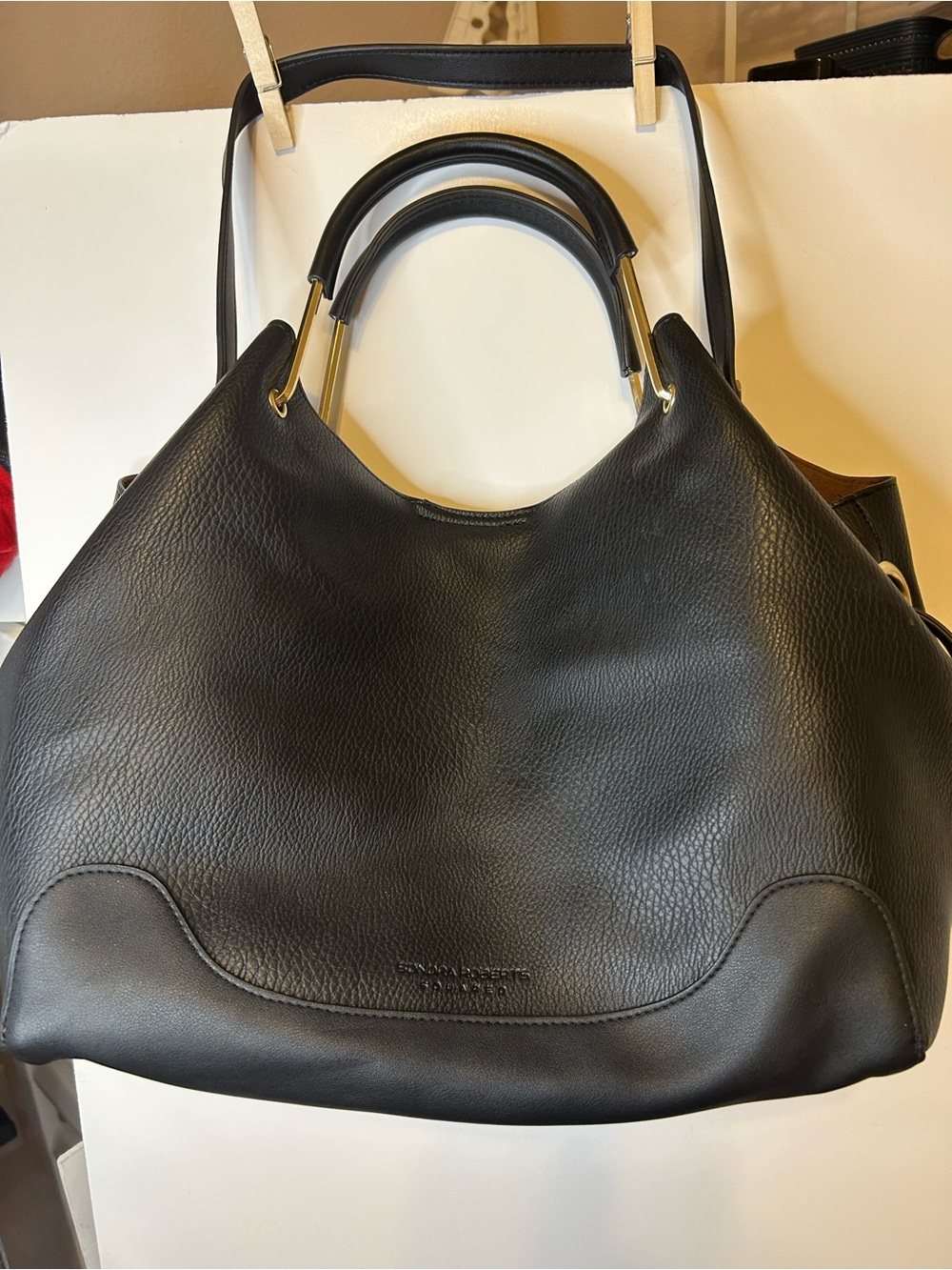 Sondra Roberts Black Pebbled Leather Hobo with Gold Hardware